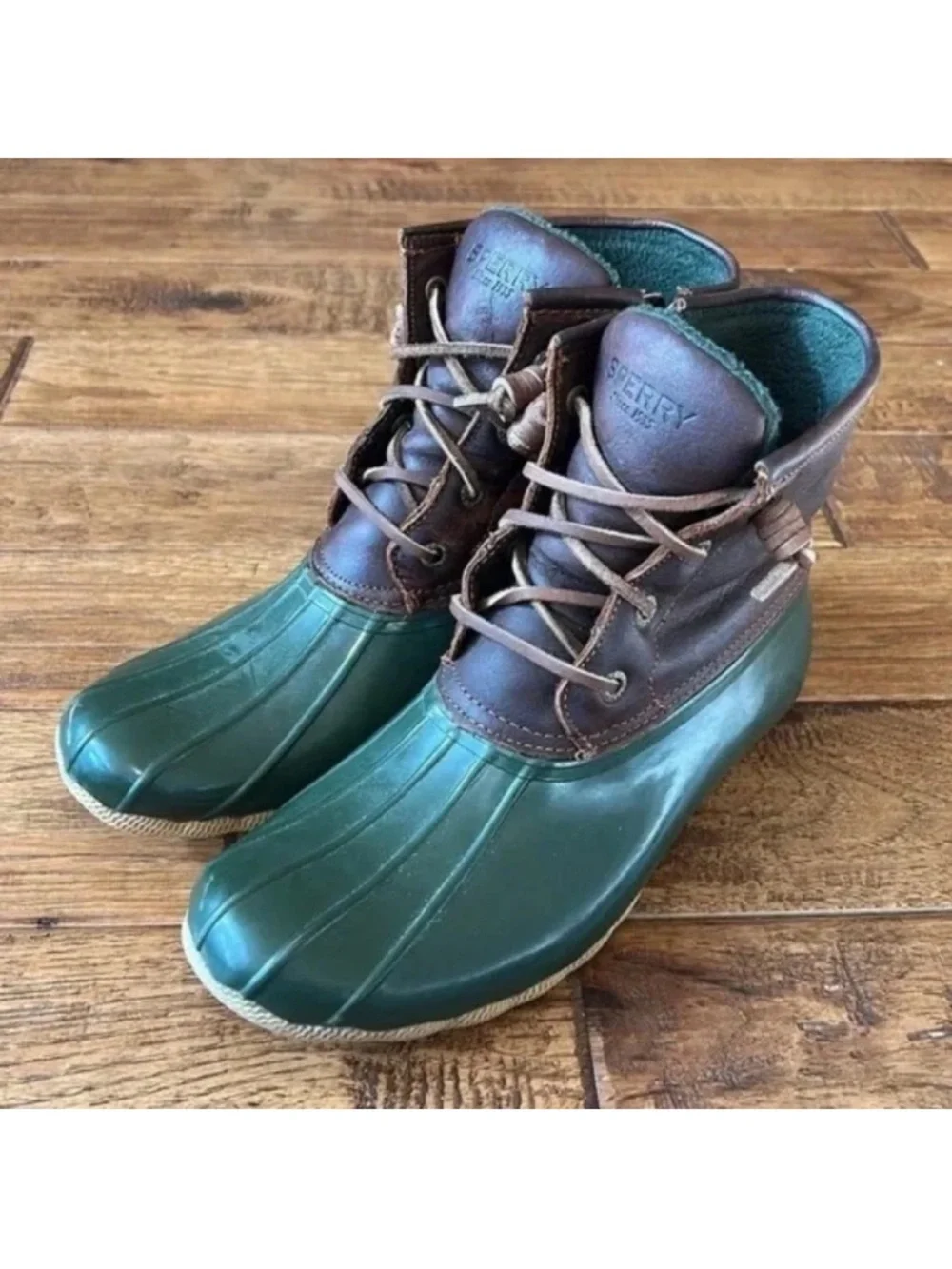 Sperry Top Sider Saltwater Duck Boots Waterproof Leather Rubber Brown Green 7.5